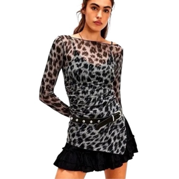 NWOT Free People Black and Gray Animal Print Long Sleeve Top - Picture 1 of 5